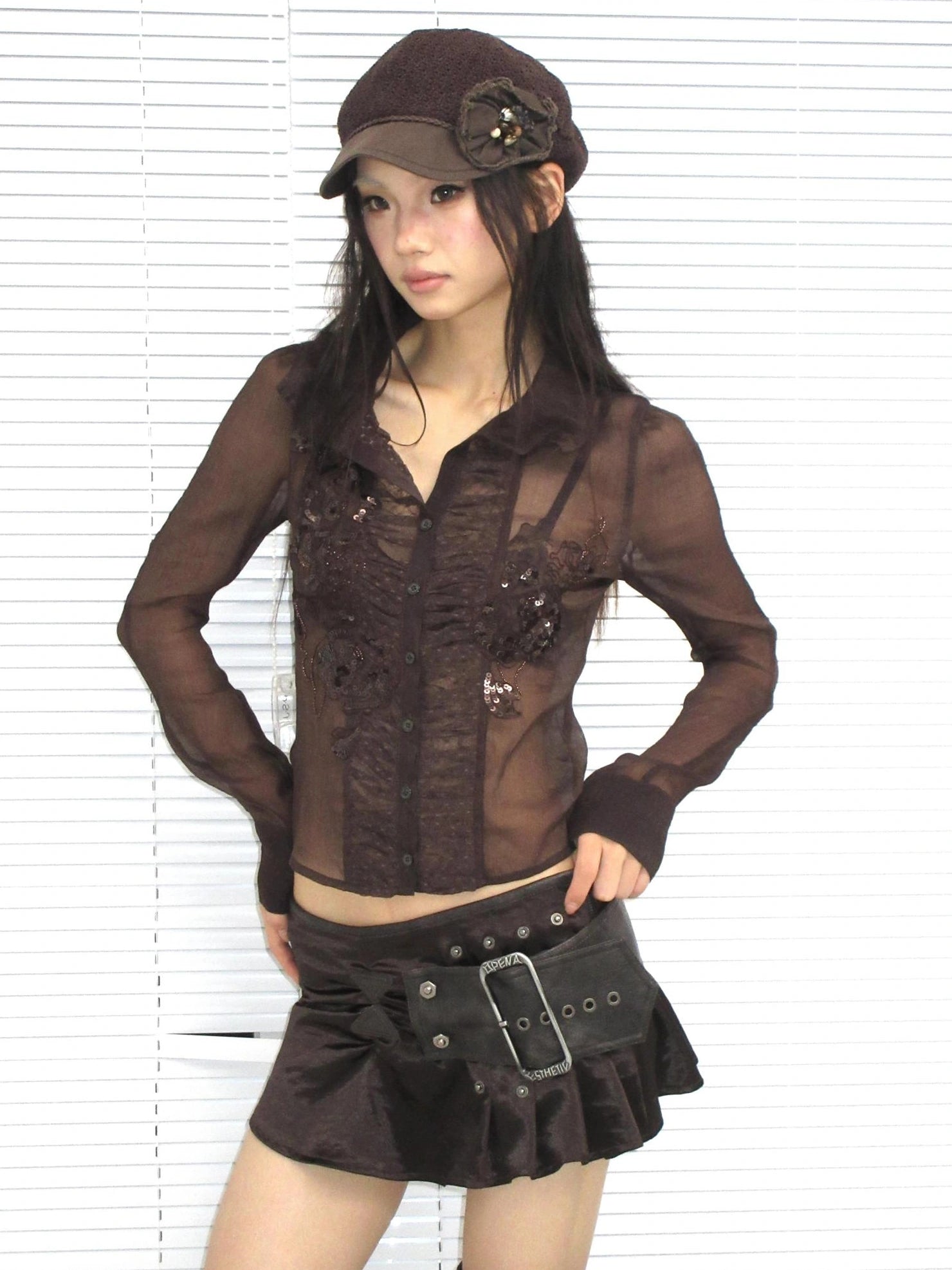 OPEN AESTHETIC Breathable Chiffon Vintage Straight Fit Long Sleeve Embroidered Women T-Shirt