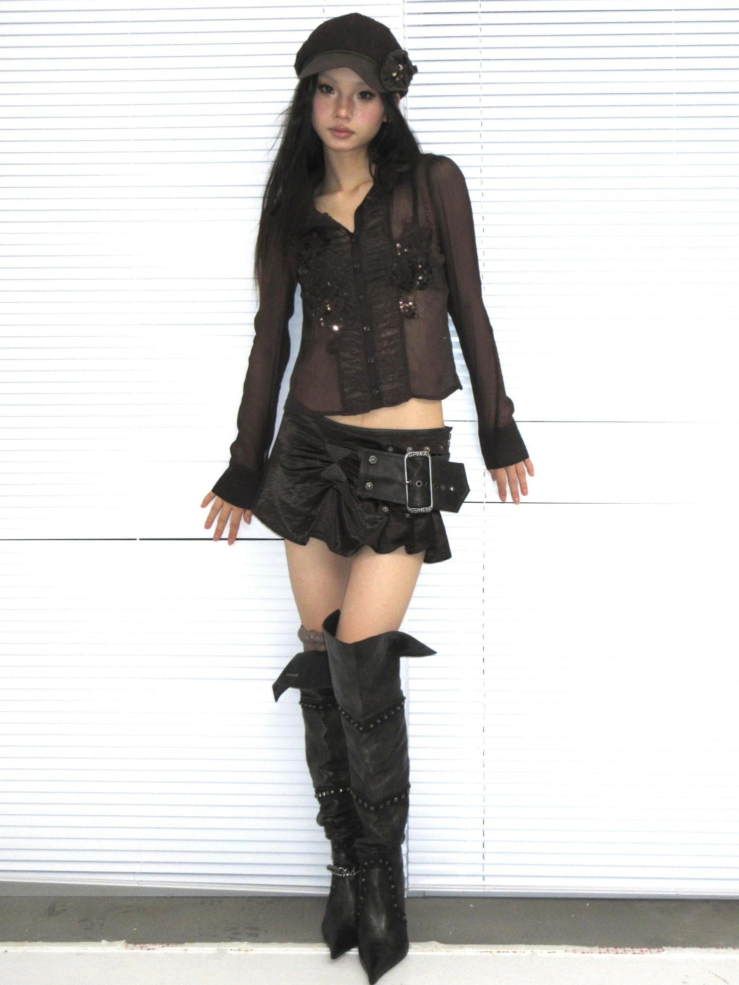 OPEN AESTHETIC Breathable Chiffon Vintage Straight Fit Long Sleeve Embroidered Women T-Shirt