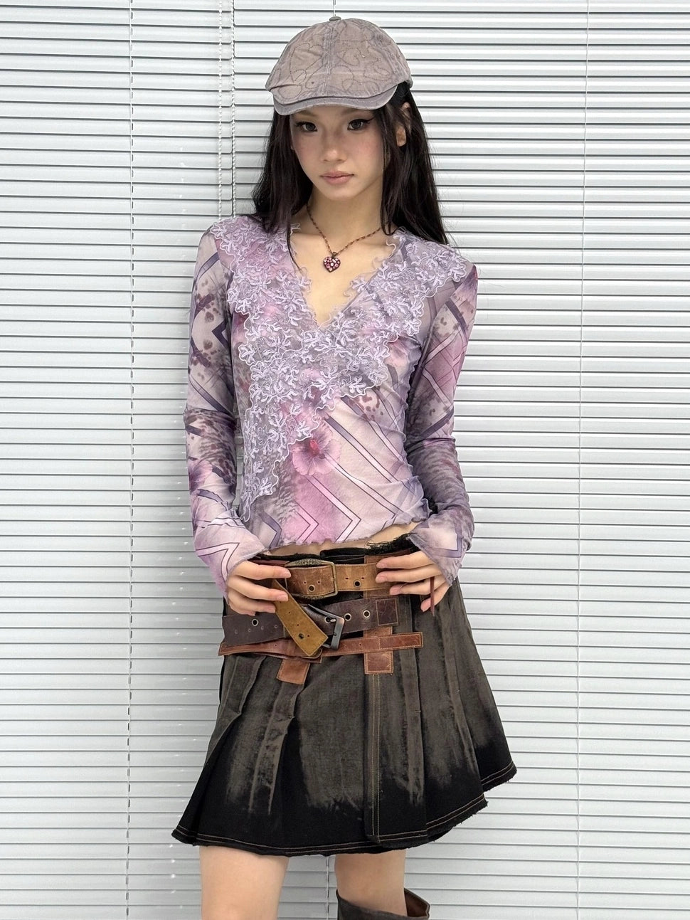 OPEN AESTHETIC Breathable Lightweight Vintage Slim V Neck Long Sleeve Lace Women Lilac T-Shirt
