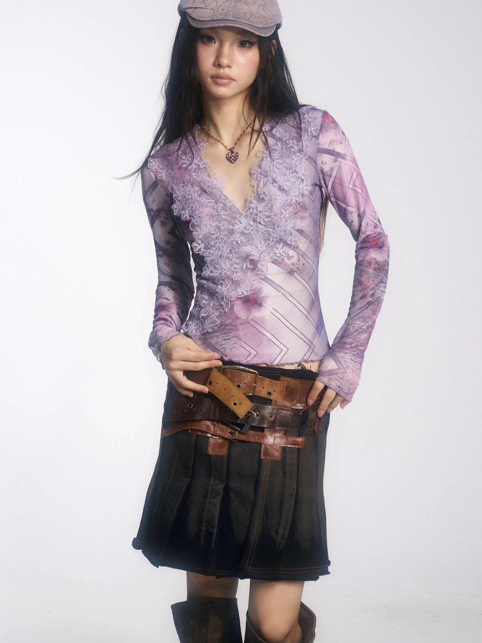 OPEN AESTHETIC Breathable Lightweight Vintage Slim V Neck Long Sleeve Lace Women Lilac T-Shirt