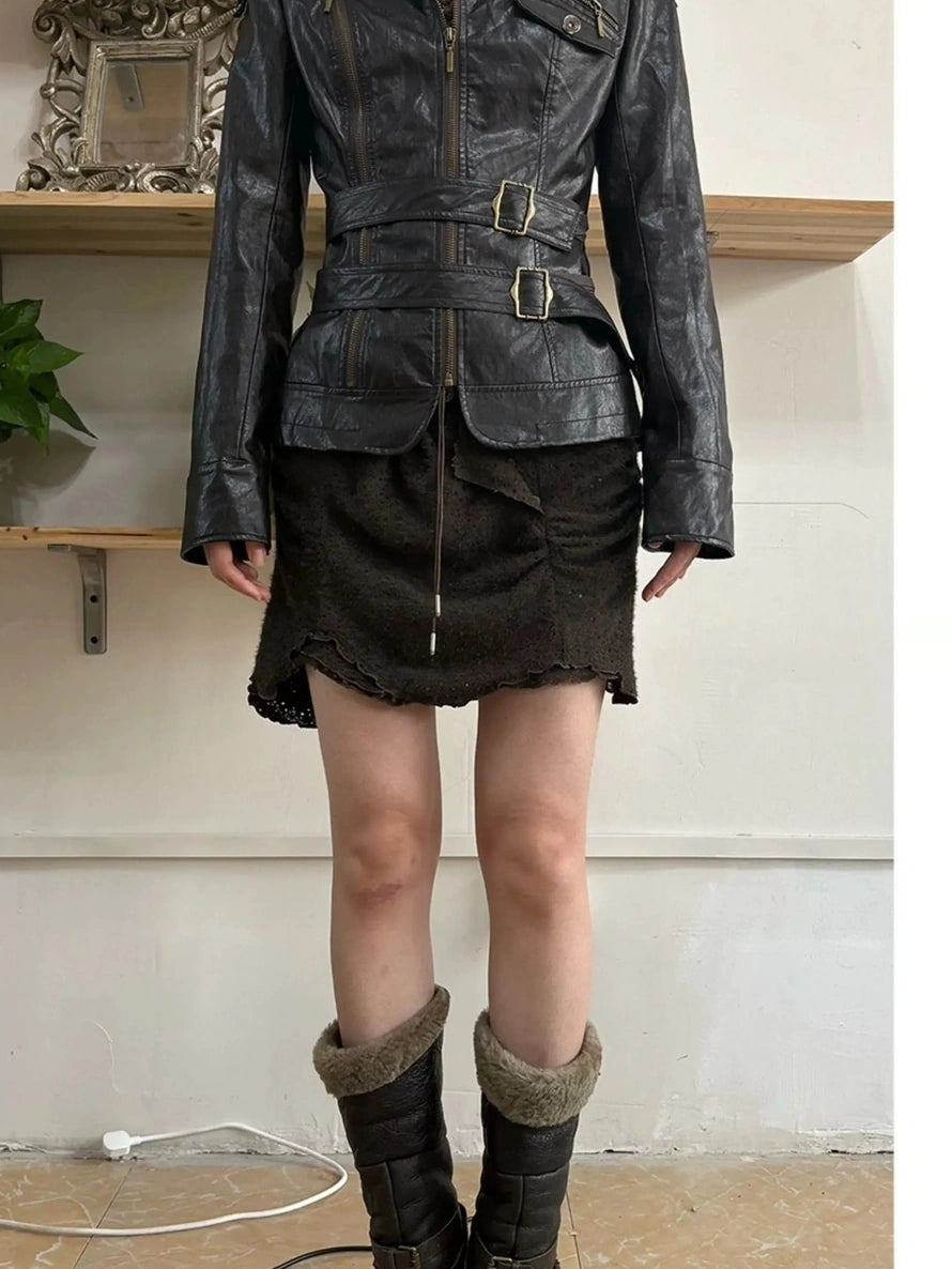 OPEN AESTHETIC Chic Pu Leather Slim Fit Belted Stand Collar Zip Front Women Streetwear Jacket