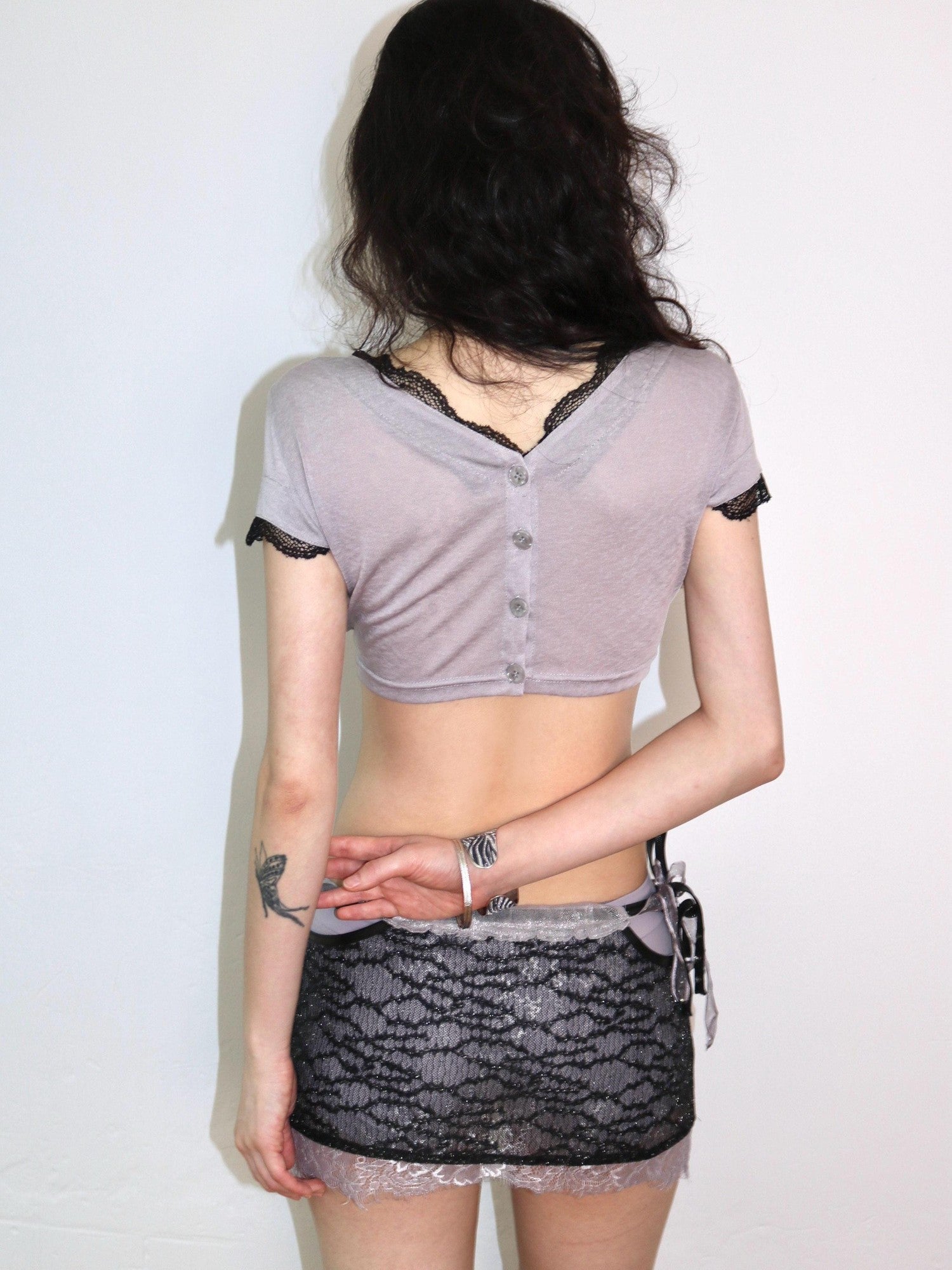 OPEN AESTHETIC Cropped Deep V Lace Trim Rhinestone Heart Tie Women&
