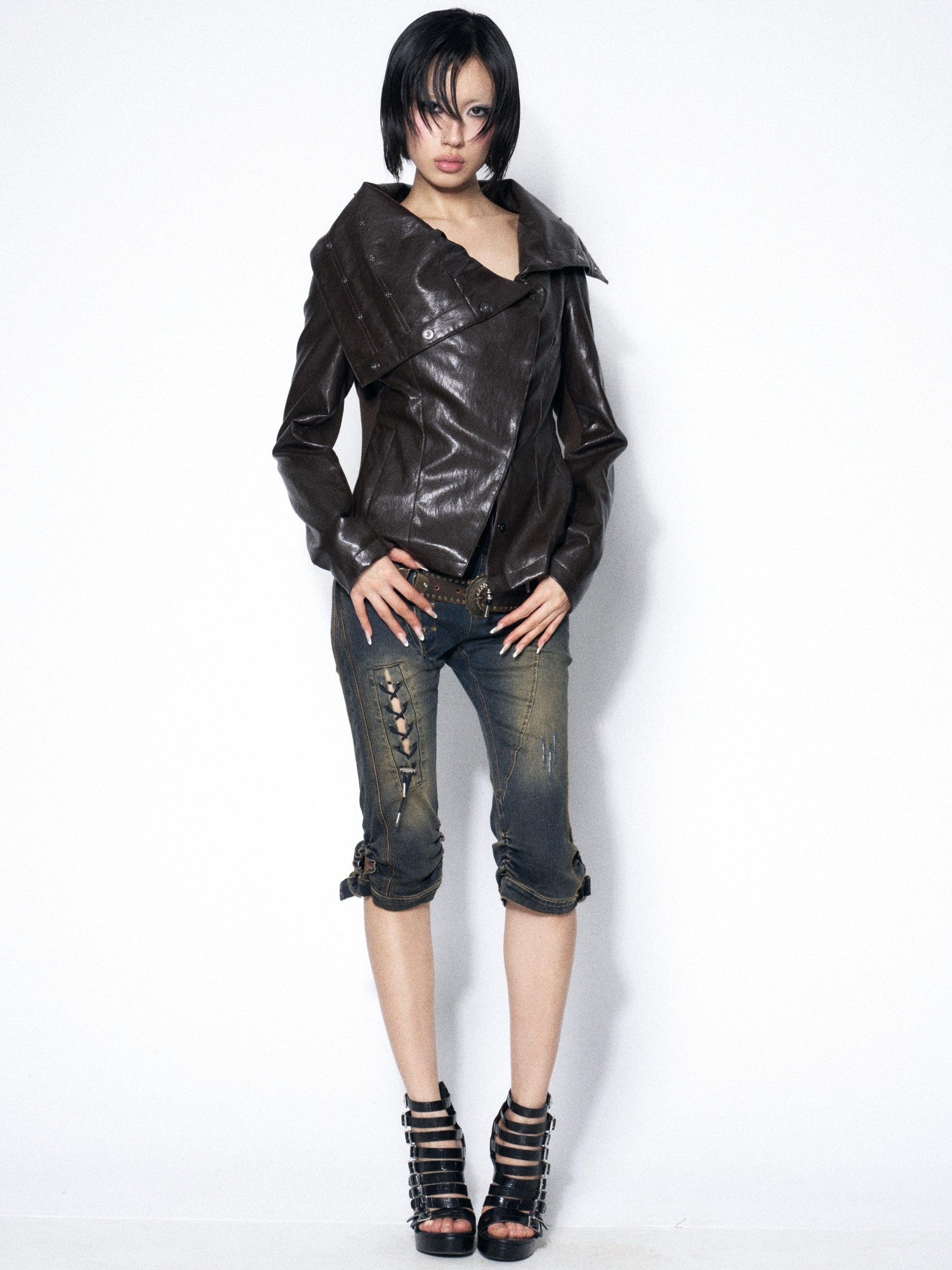 OPEN AESTHETIC Dark Brown Draped Collar Cinched Waist Women&