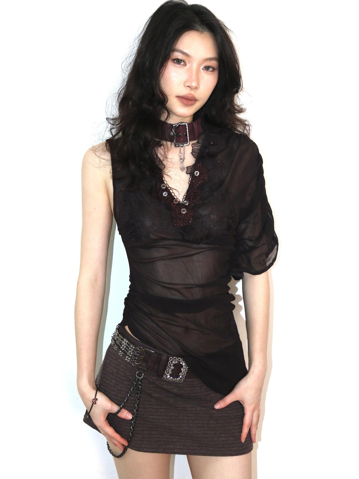 OPEN AESTHETIC Dark Red A Line Rhinestone Metal Waist Women&
