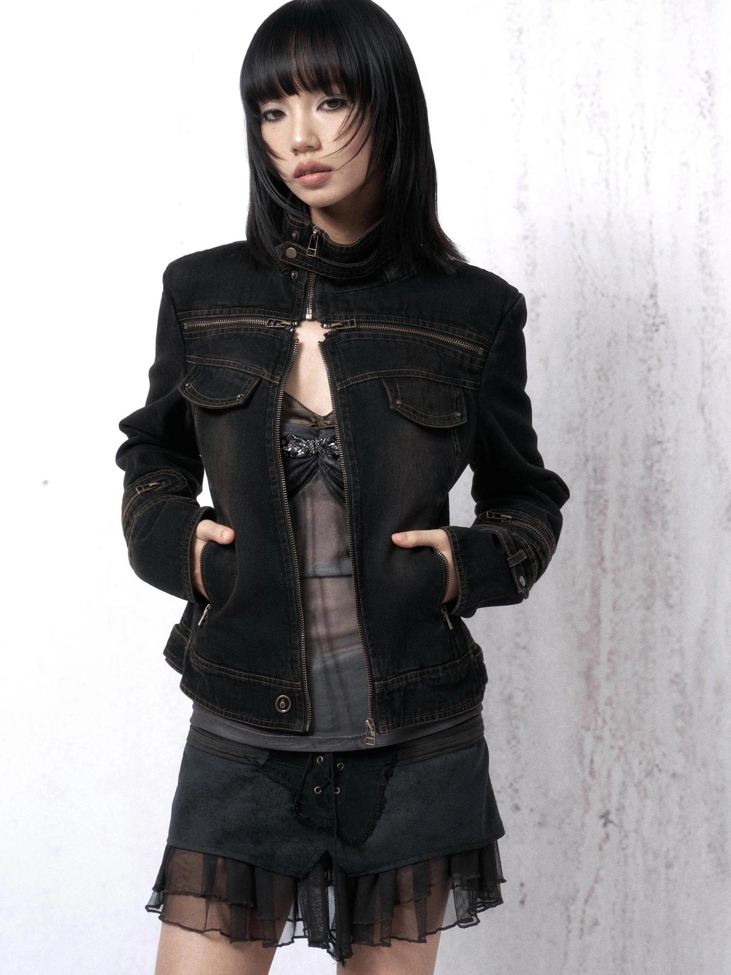 OPEN AESTHETIC Distressed Cotton Denim Mock Neck Zip Up Vintage Slim Fit Pockets Womens Jacket