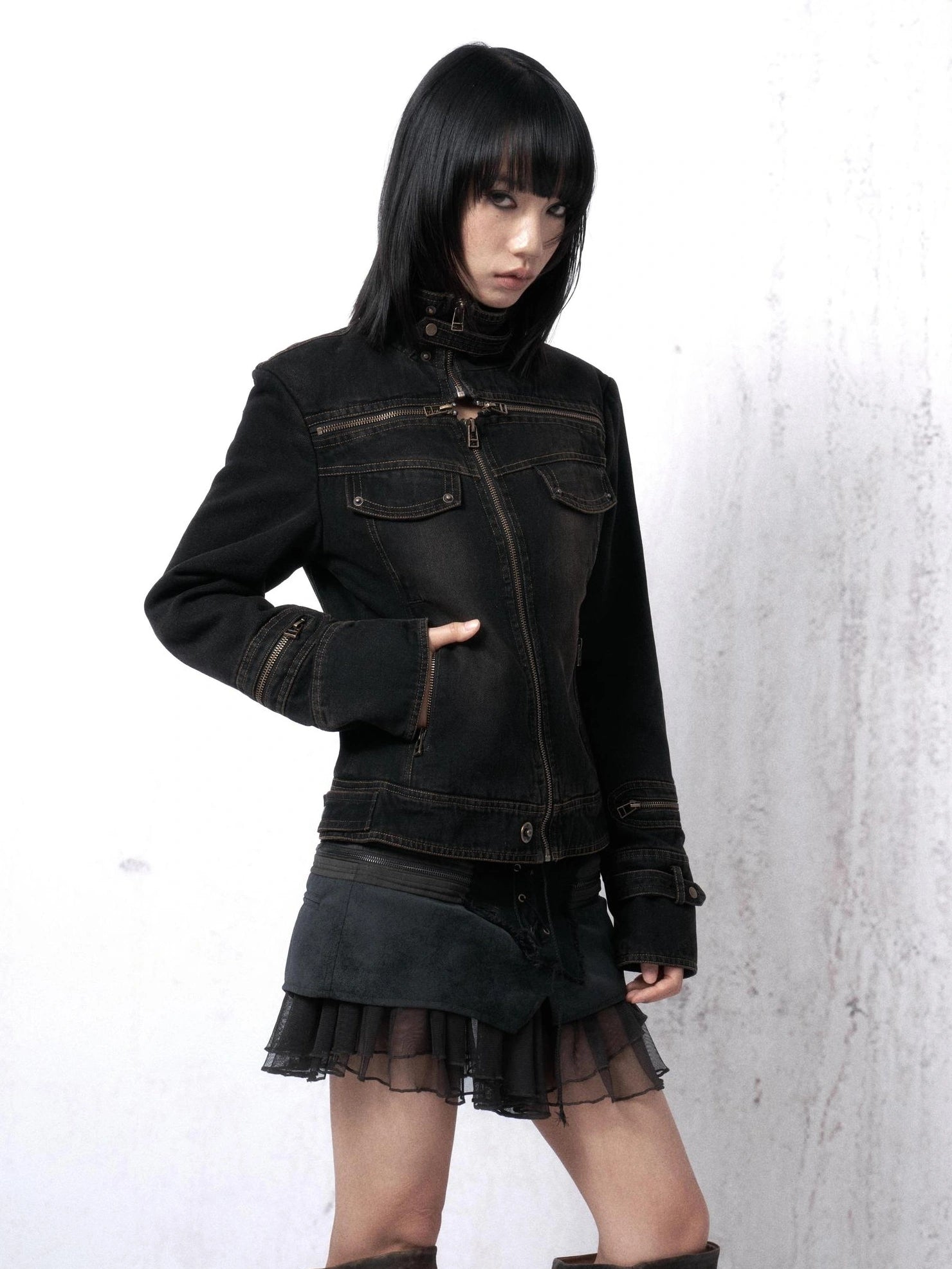 OPEN AESTHETIC Distressed Cotton Denim Mock Neck Zip Up Vintage Slim Fit Pockets Womens Jacket