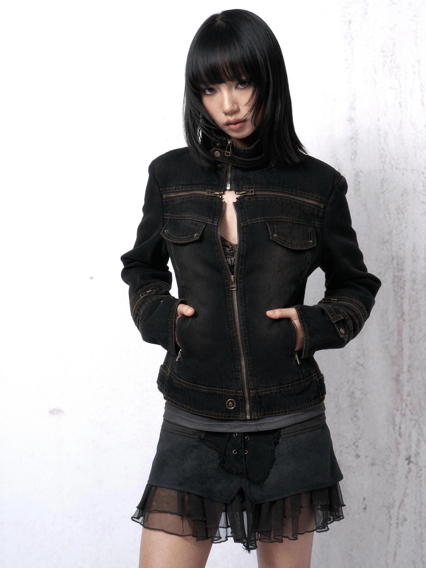 OPEN AESTHETIC Distressed Cotton Denim Mock Neck Zip Up Vintage Slim Fit Pockets Womens Jacket