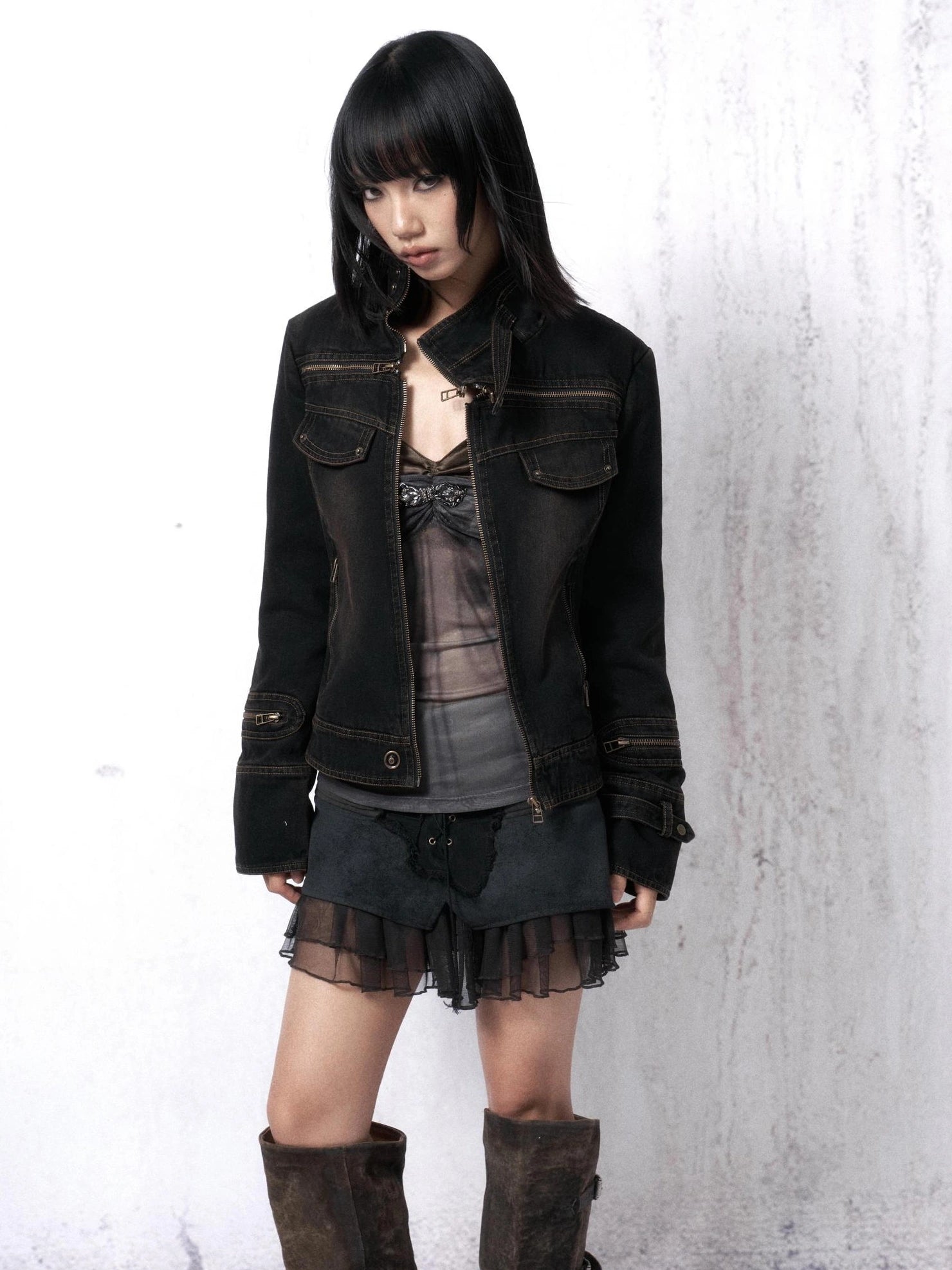 OPEN AESTHETIC Distressed Cotton Denim Mock Neck Zip Up Vintage Slim Fit Pockets Womens Jacket