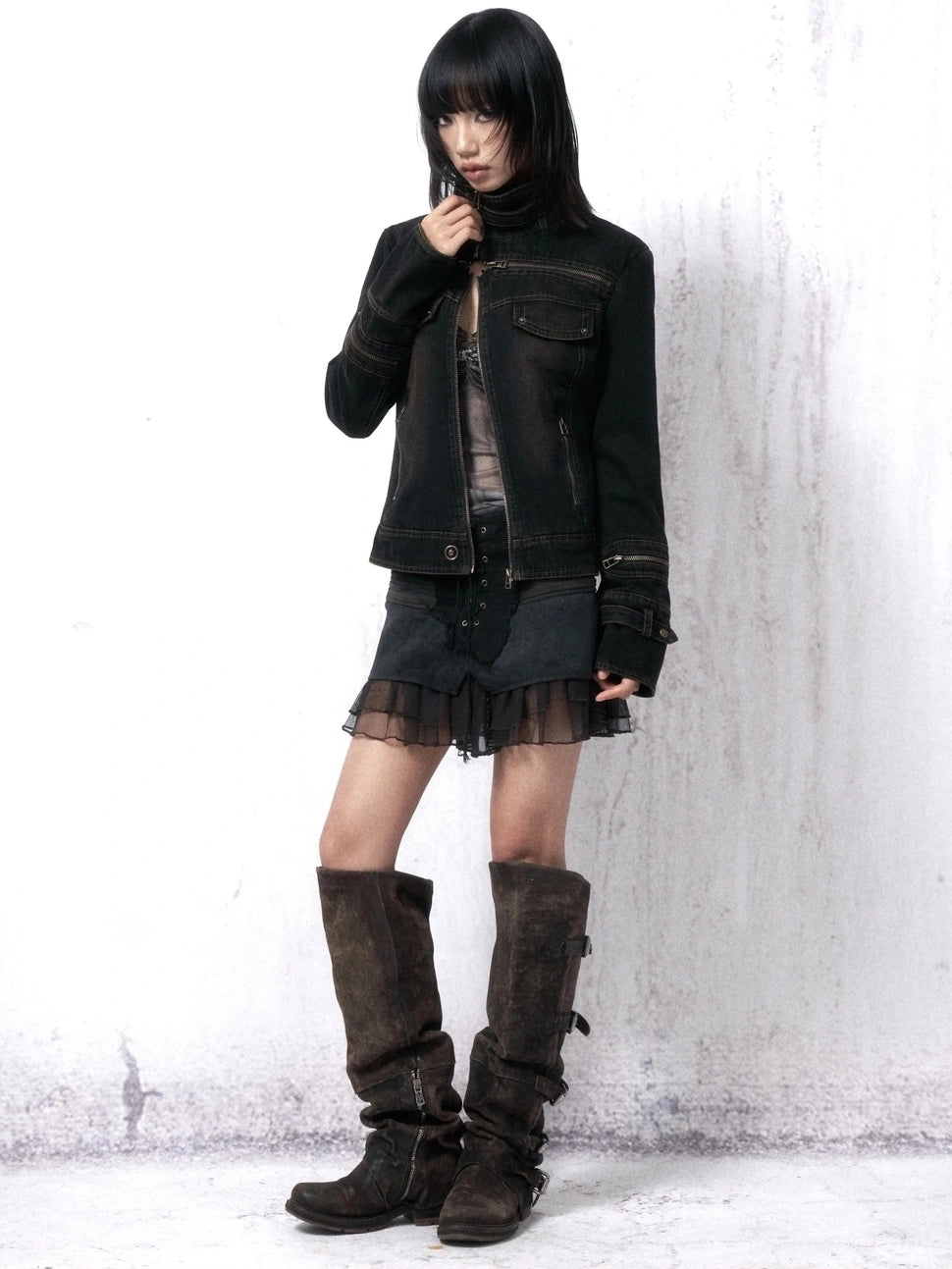 OPEN AESTHETIC Distressed Cotton Denim Mock Neck Zip Up Vintage Slim Fit Pockets Womens Jacket