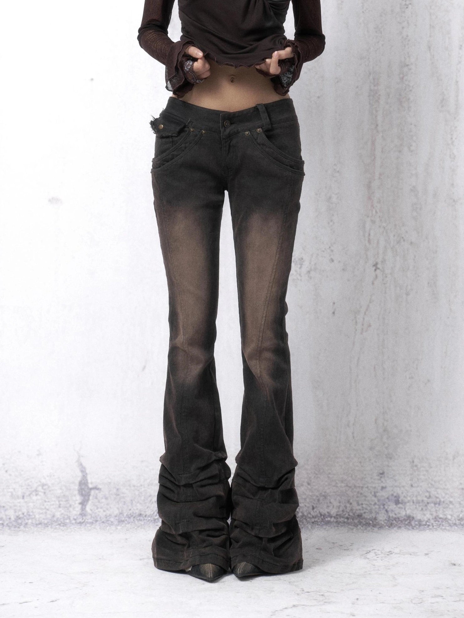 OPEN AESTHETIC Distressed Vintage Dark Brown Slim Low Rise Women Bootcut Denim Button Fly Jeans