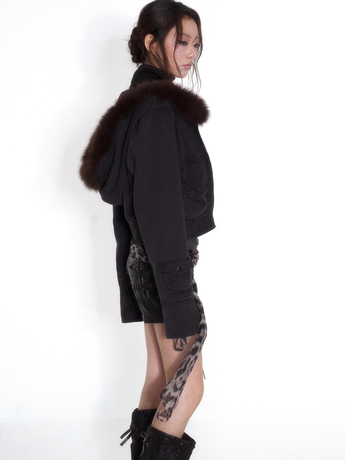 OPEN AESTHETIC Faux Layered Faux Fur Hooded High Neck Loose Fit Women&