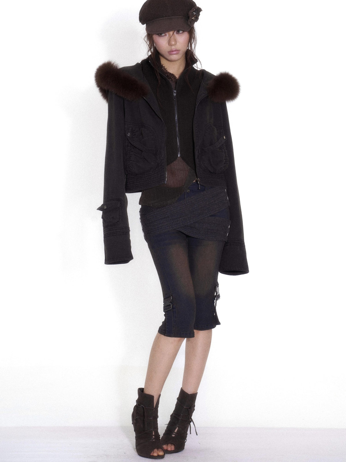 OPEN AESTHETIC Faux Layered Faux Fur Hooded High Neck Loose Fit Women&