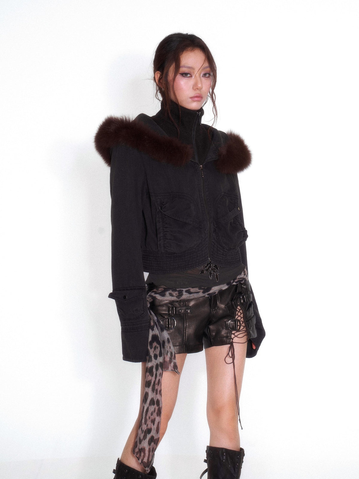 OPEN AESTHETIC Faux Layered Faux Fur Hooded High Neck Loose Fit Women&