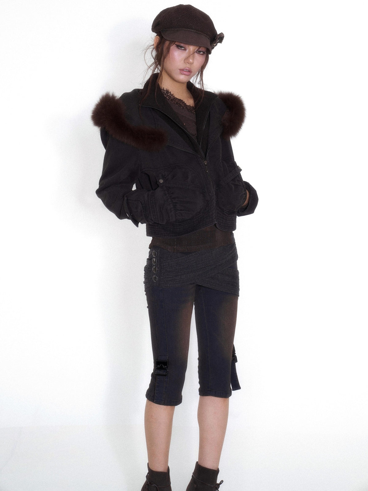 OPEN AESTHETIC Faux Layered Faux Fur Hooded High Neck Loose Fit Women&