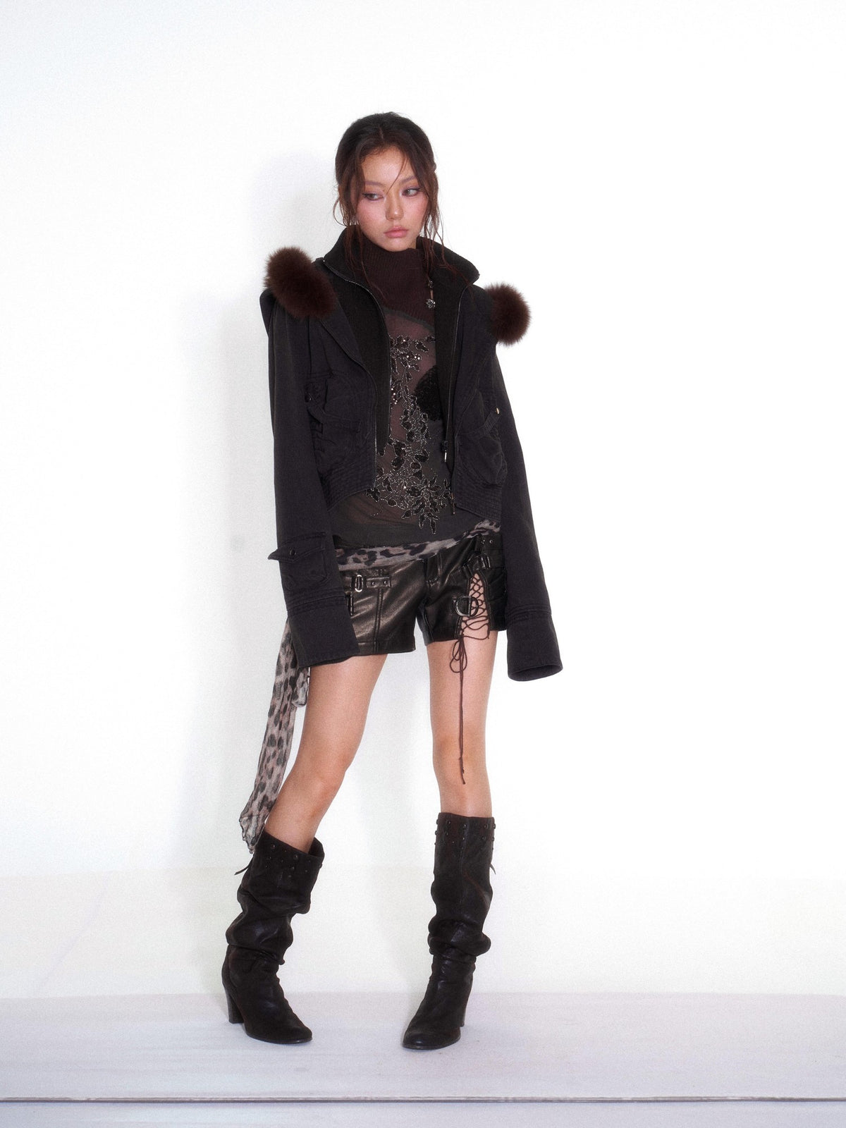 OPEN AESTHETIC Faux Layered Faux Fur Hooded High Neck Loose Fit Women&