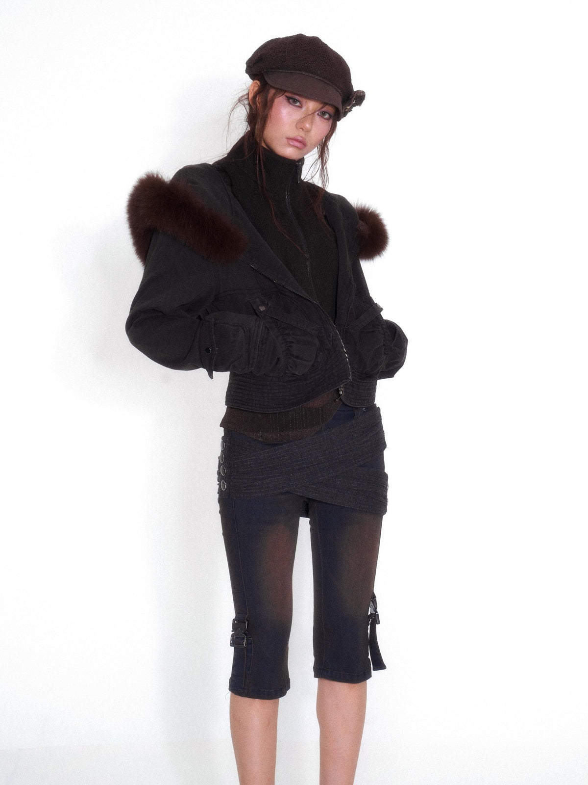 OPEN AESTHETIC Faux Layered Faux Fur Hooded High Neck Loose Fit Women&