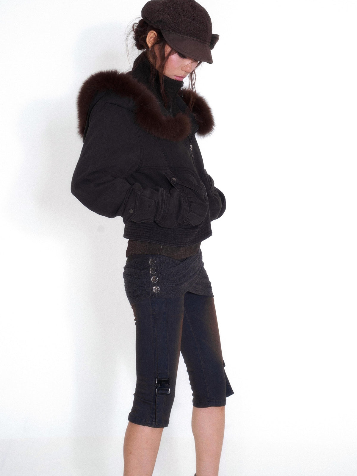 OPEN AESTHETIC Faux Layered Faux Fur Hooded High Neck Loose Fit Women&