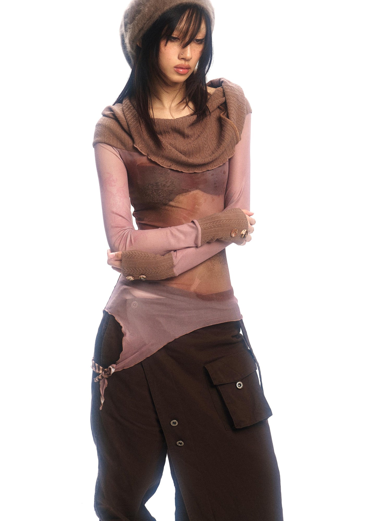 Update OPEN AESTHETIC Floral Mesh Knit Top with Convertible Collar and Reverse Wear