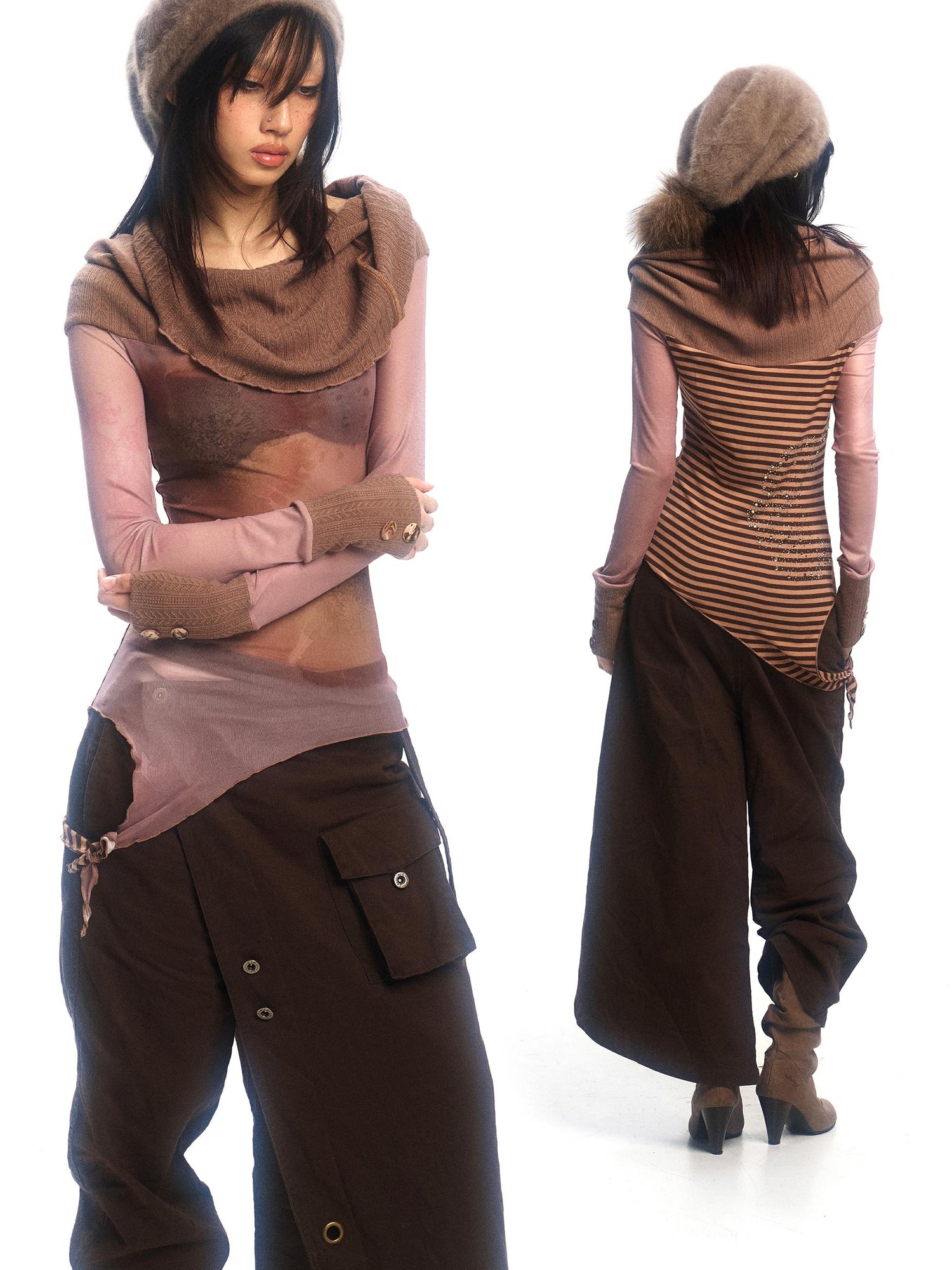 Update OPEN AESTHETIC Floral Mesh Knit Top with Convertible Collar and Reverse Wear