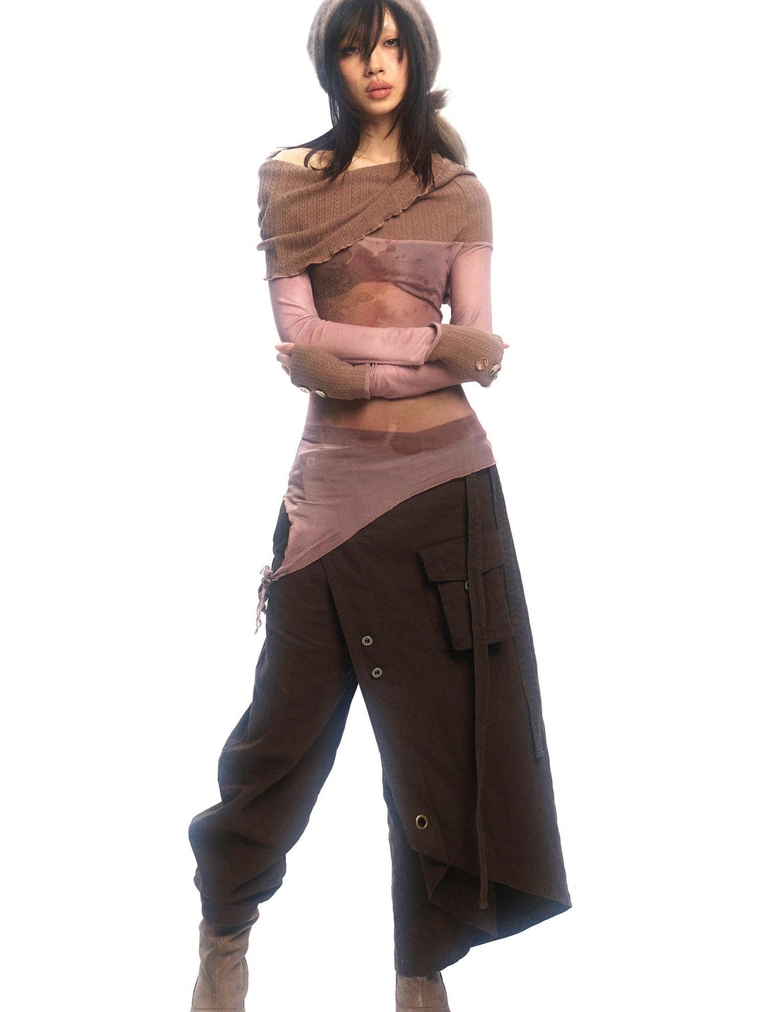 Update OPEN AESTHETIC Floral Mesh Knit Top with Convertible Collar and Reverse Wear