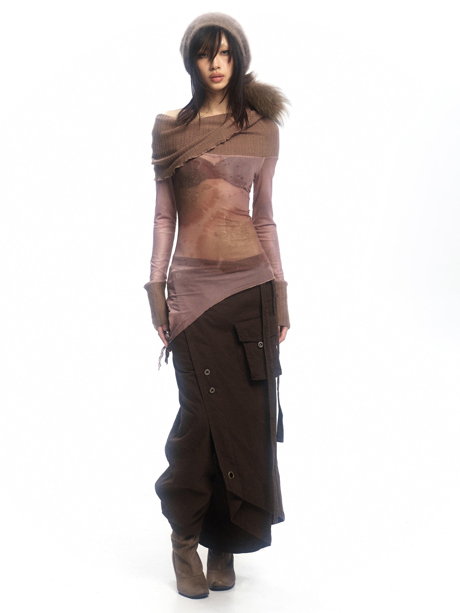 Update OPEN AESTHETIC Floral Mesh Knit Top with Convertible Collar and Reverse Wear