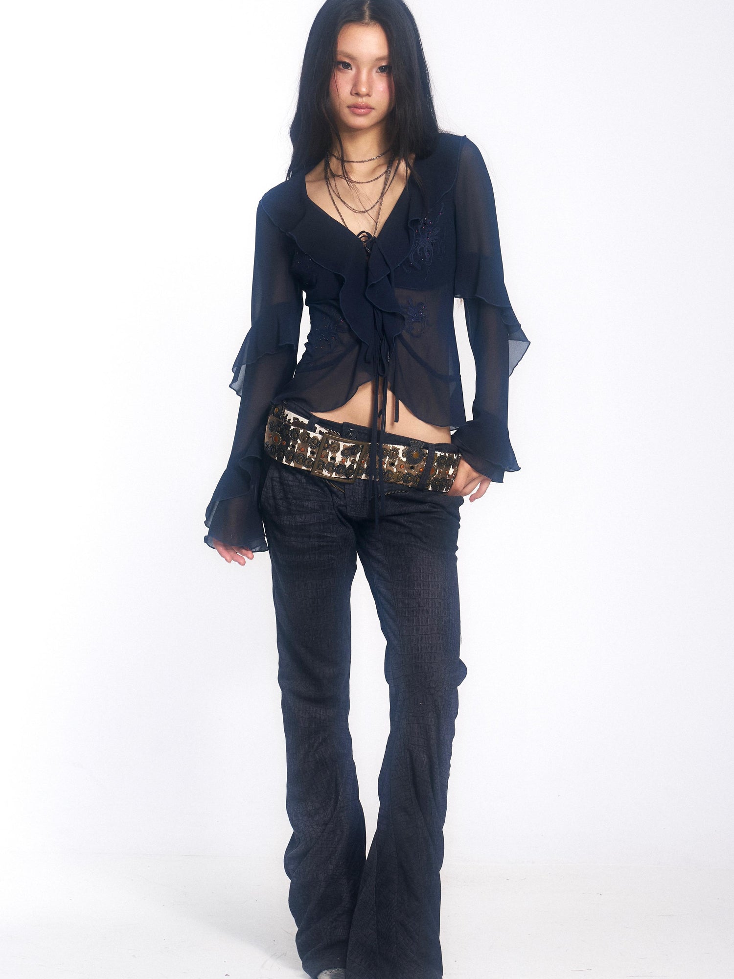 Update OPEN AESTHETIC French Vintage Embroidered Crystal Satin Blouse 2025 A W