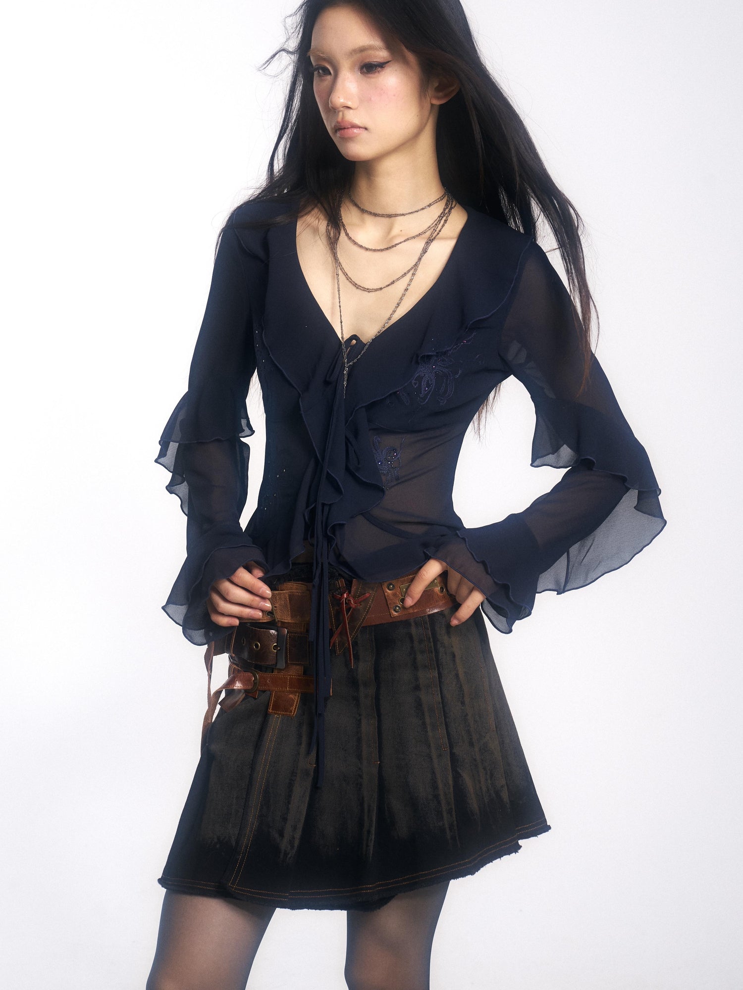 Update OPEN AESTHETIC French Vintage Embroidered Crystal Satin Blouse 2025 A W