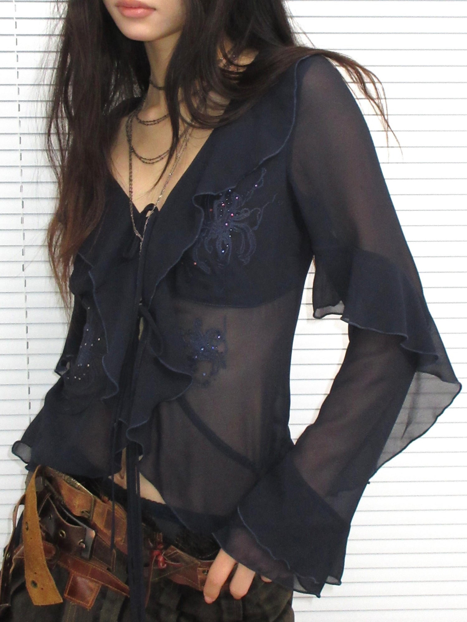 Update OPEN AESTHETIC French Vintage Embroidered Crystal Satin Blouse 2025 A W