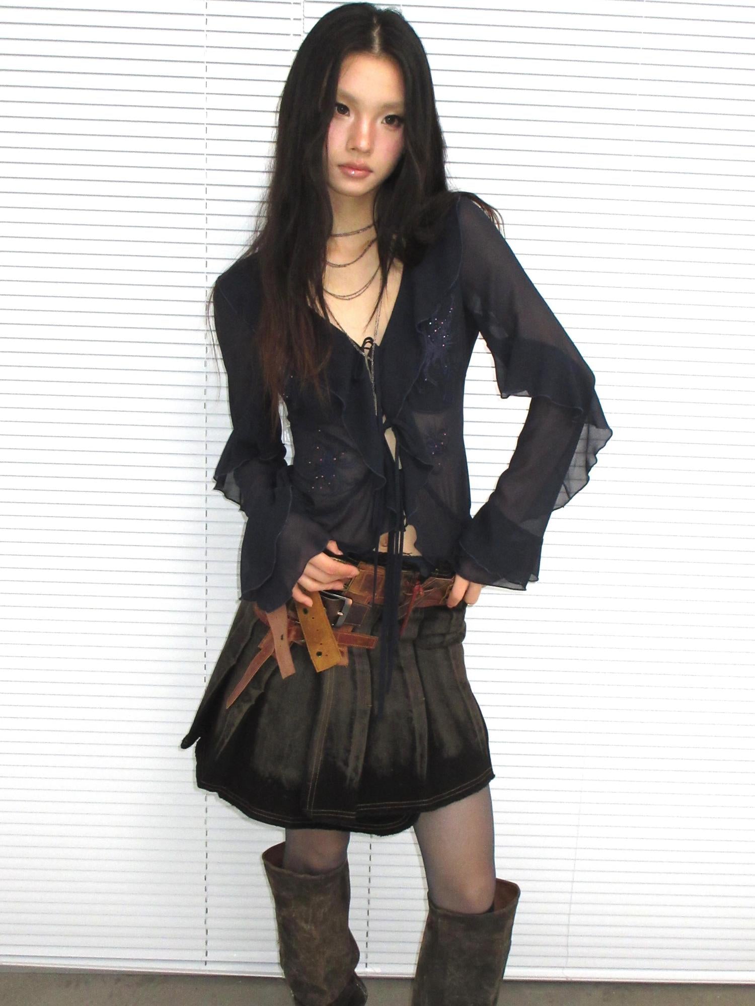 Update OPEN AESTHETIC French Vintage Embroidered Crystal Satin Blouse 2025 A W