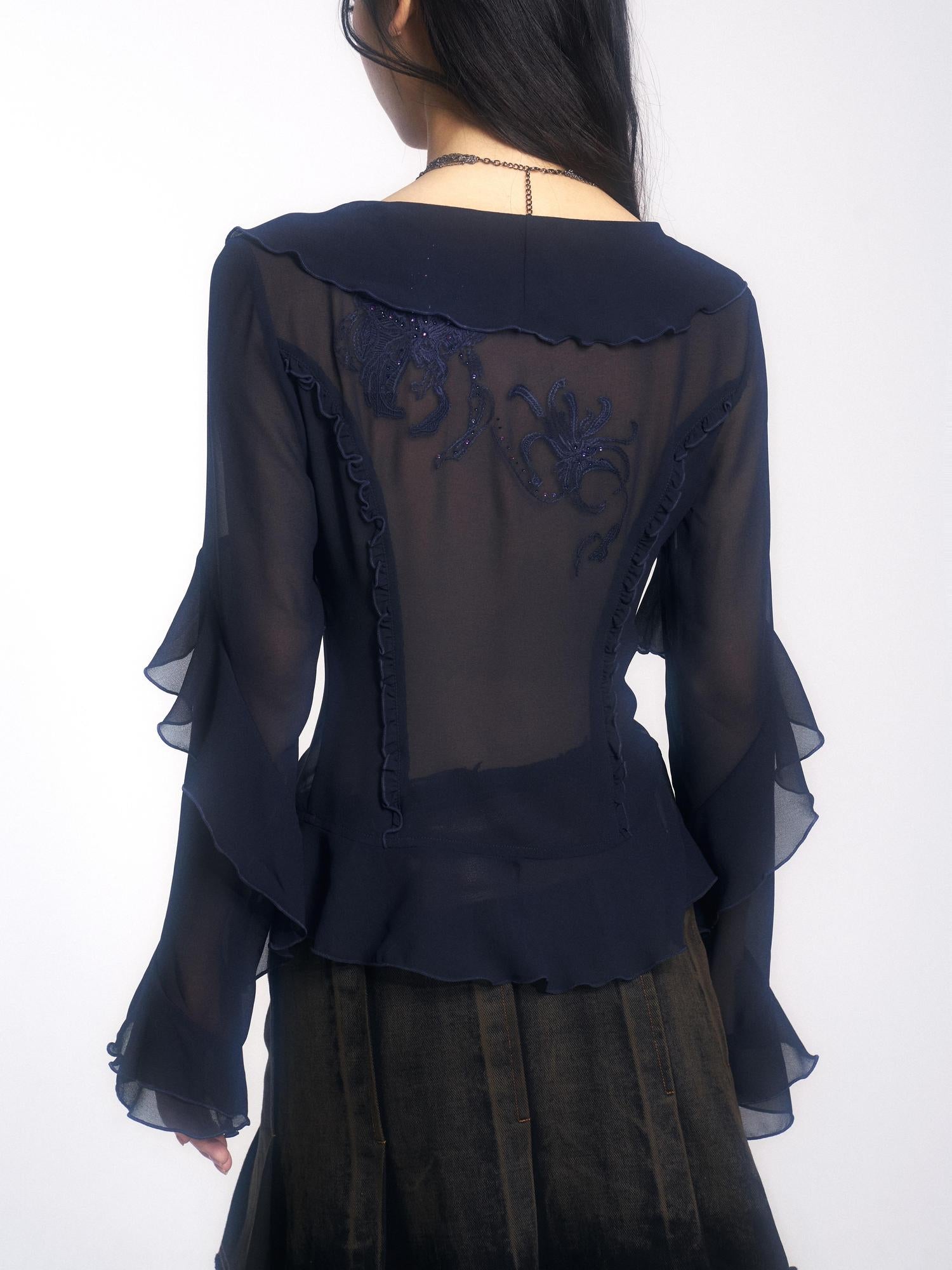 Update OPEN AESTHETIC French Vintage Embroidered Crystal Satin Blouse 2025 A W