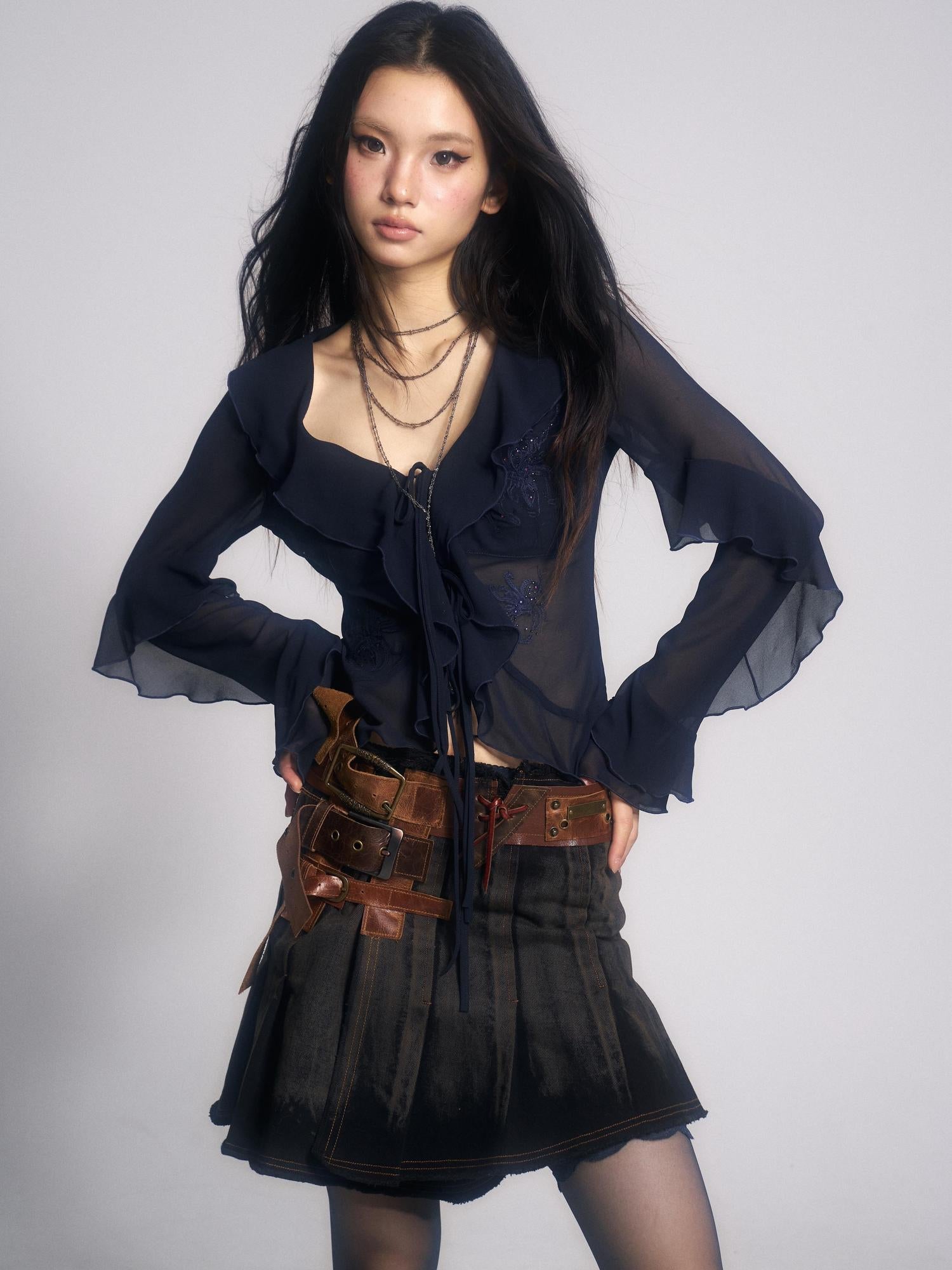 Update OPEN AESTHETIC French Vintage Embroidered Crystal Satin Blouse 2025 A W