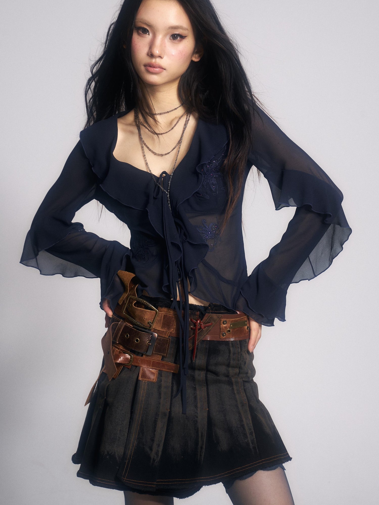 Update OPEN AESTHETIC French Vintage Embroidered Crystal Satin Blouse 2025 A W