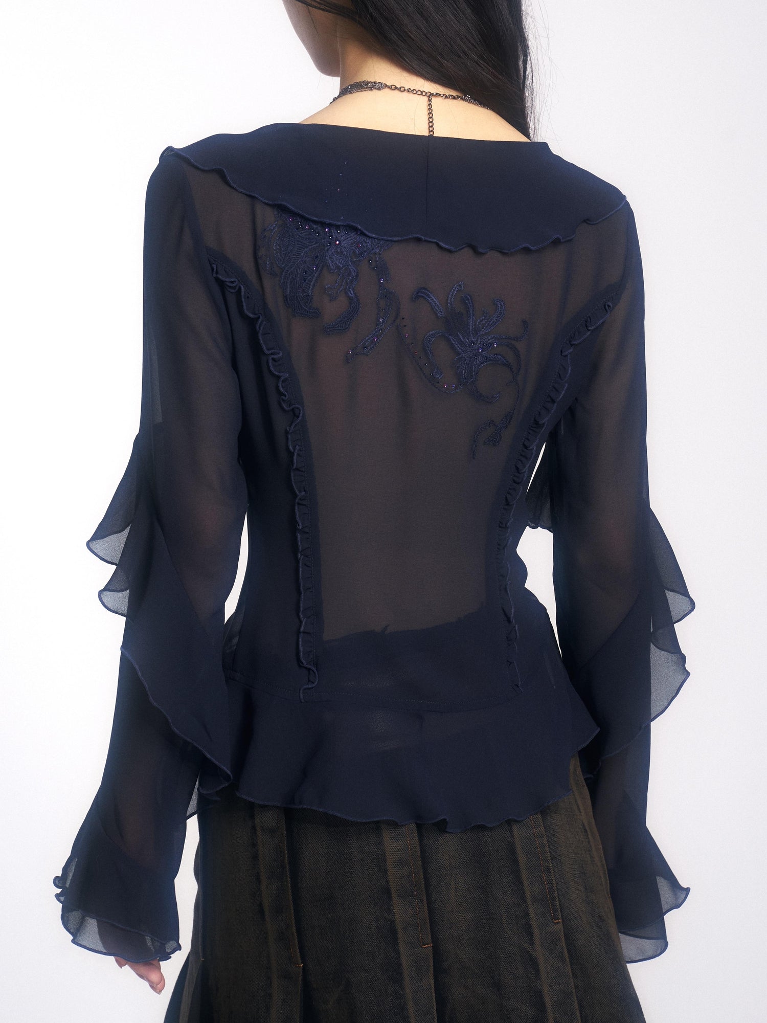 Update OPEN AESTHETIC French Vintage Embroidered Crystal Satin Blouse 2025 A W