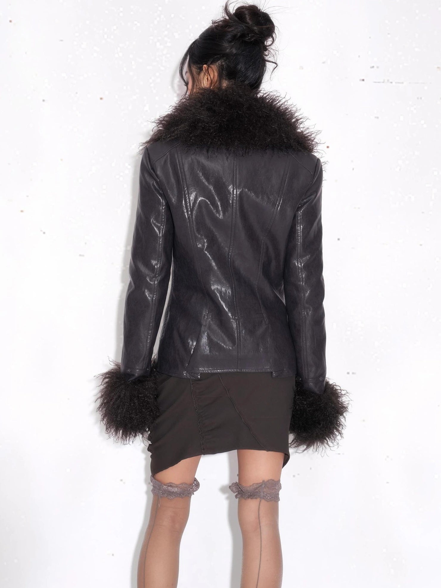 OPEN AESTHETIC High Gloss Thick Punk Slim Fit Faux Leather Fur Collar Women Dark Purple Jacket