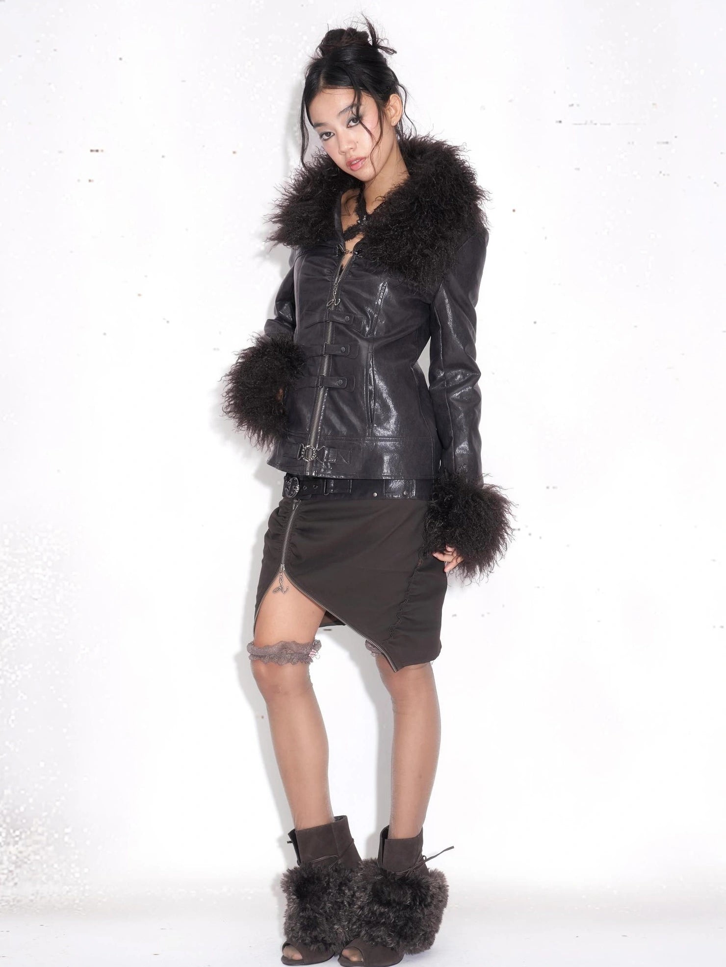 OPEN AESTHETIC High Gloss Thick Punk Slim Fit Faux Leather Fur Collar Women Dark Purple Jacket