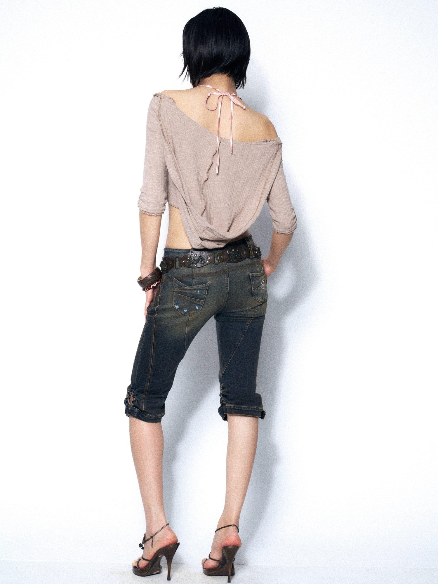 OPEN AESTHETIC Khaki Lace Ruched Halter Hooded Rhinestone Women&