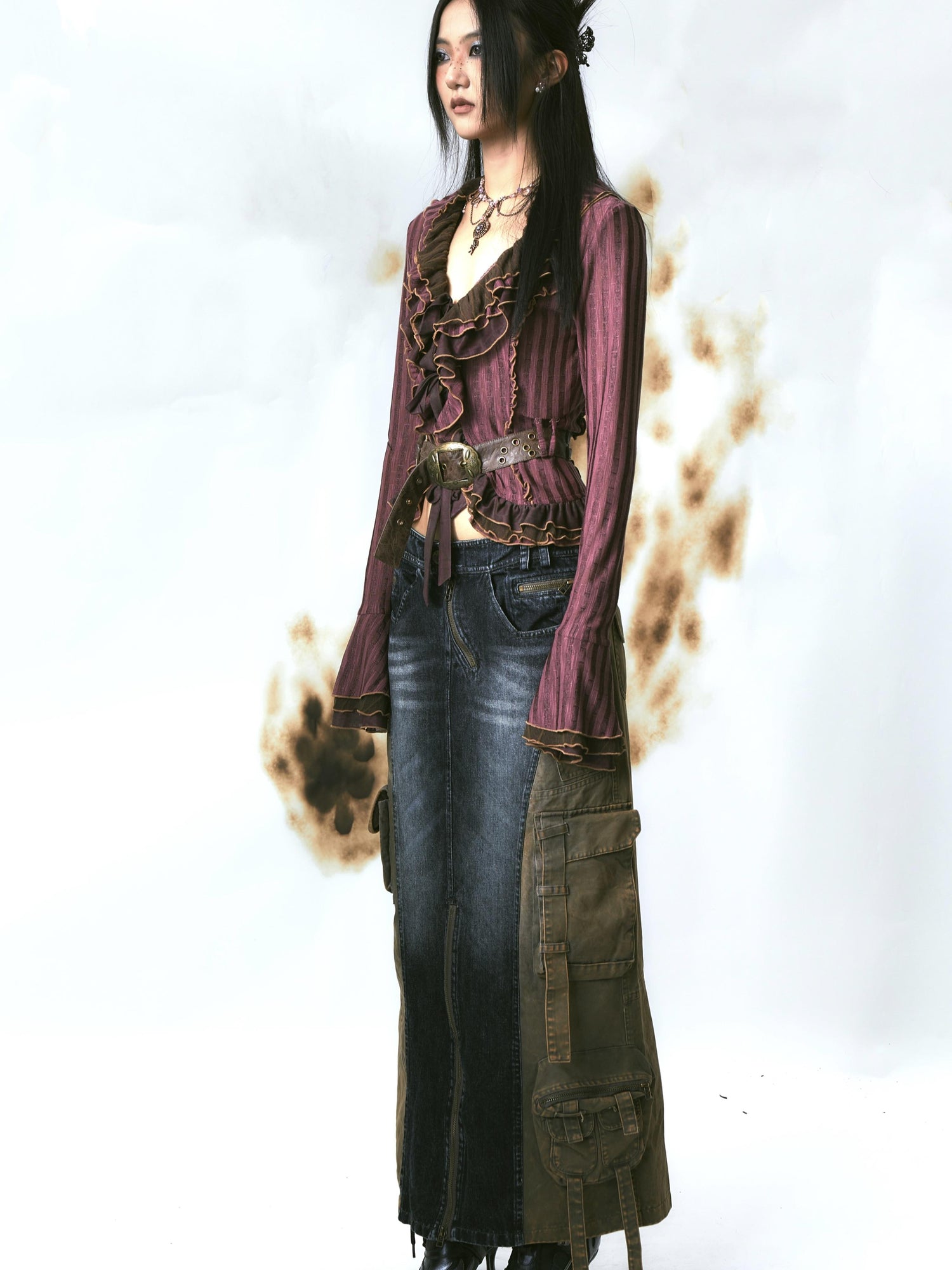Update OPEN AESTHETIC Layered Mesh Paneled Knit Cardigan with Belt