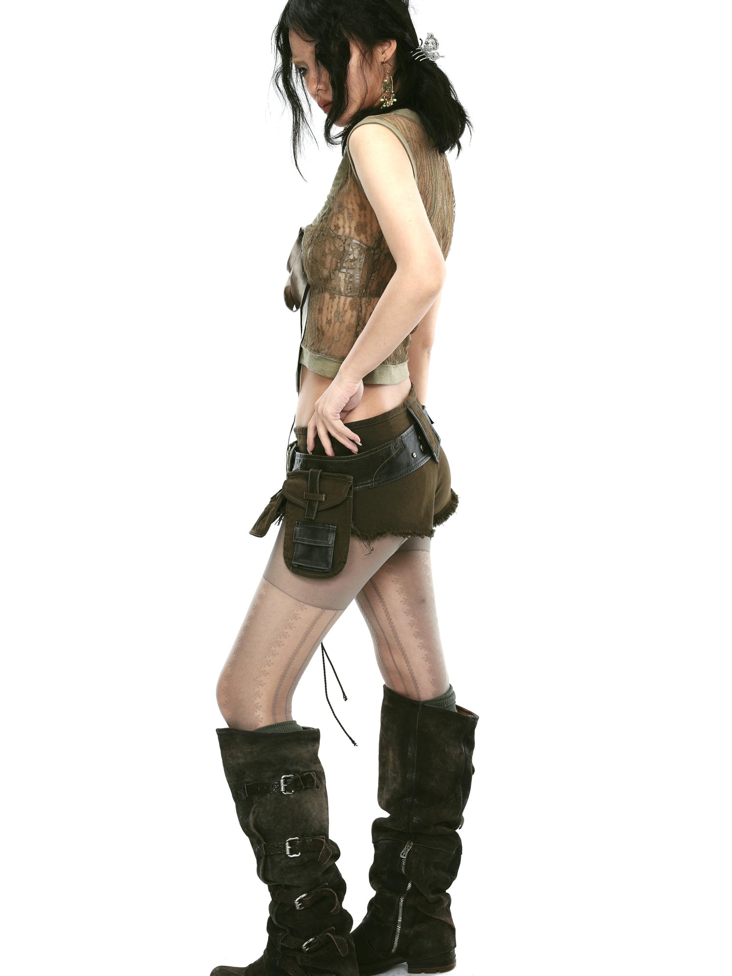 Update OPEN AESTHETIC Low Rise Raw Hem Denim Shorts with Detachable Pocket and Belt