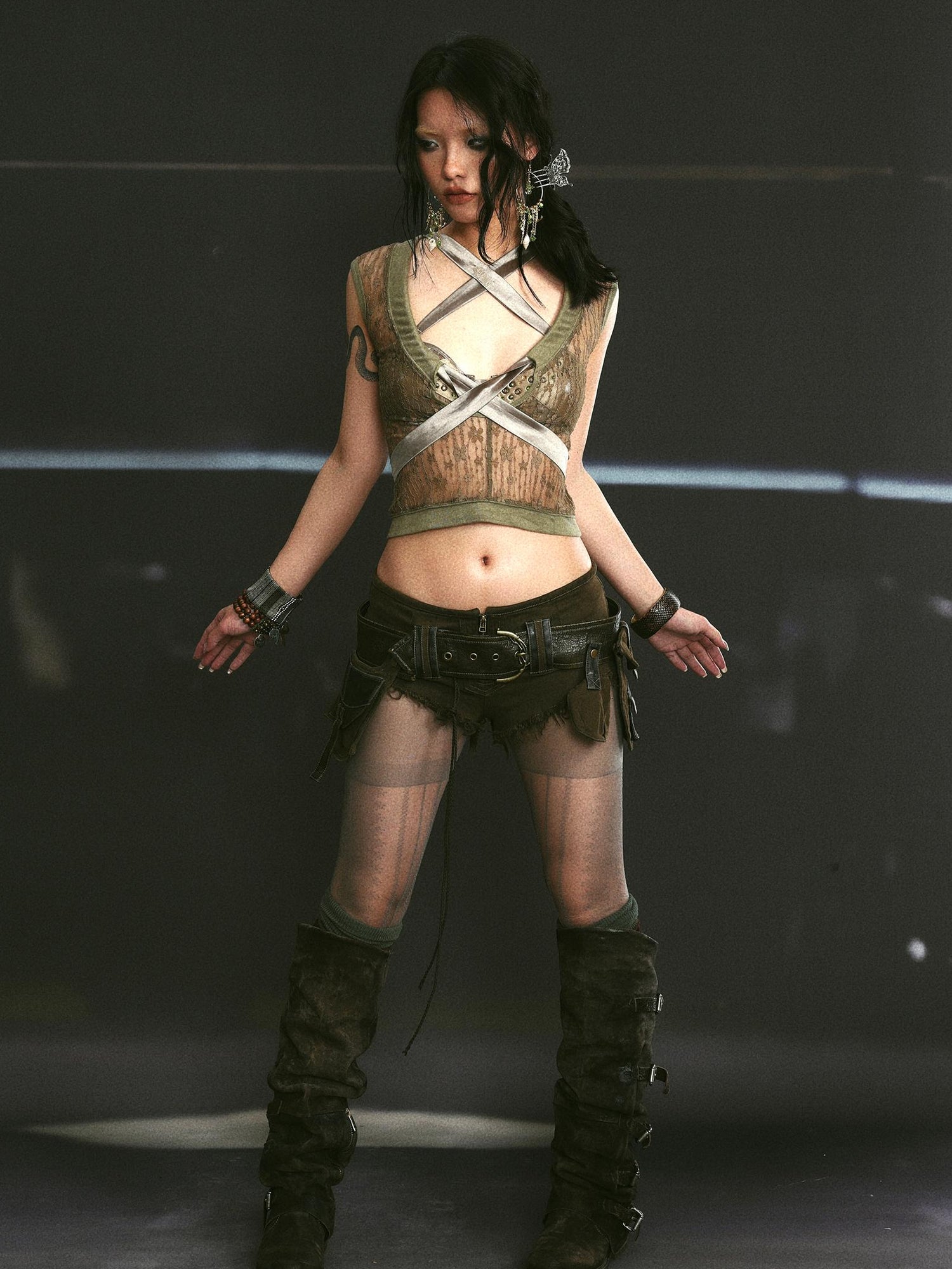 Update OPEN AESTHETIC Low Rise Raw Hem Denim Shorts with Detachable Pocket and Belt