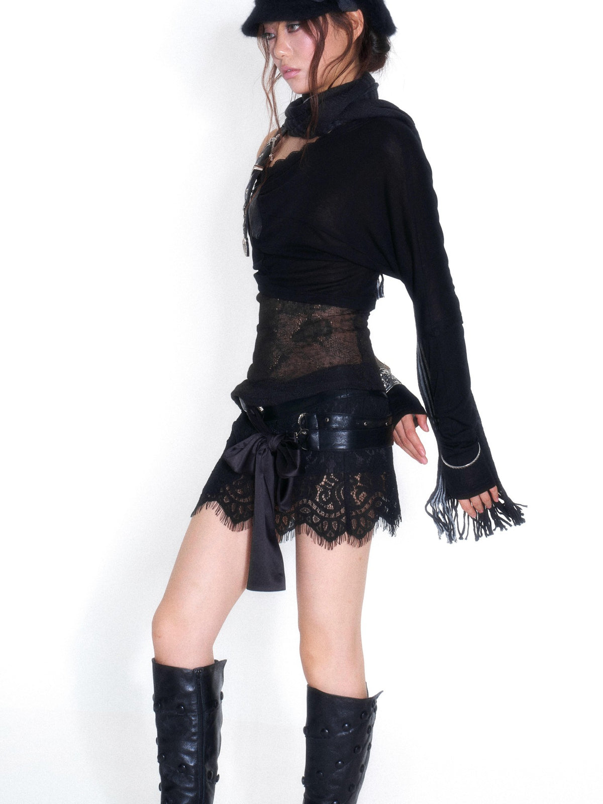 OPEN AESTHETIC Low Waist Lace Metal Buckle Bow A Line Pu Women&