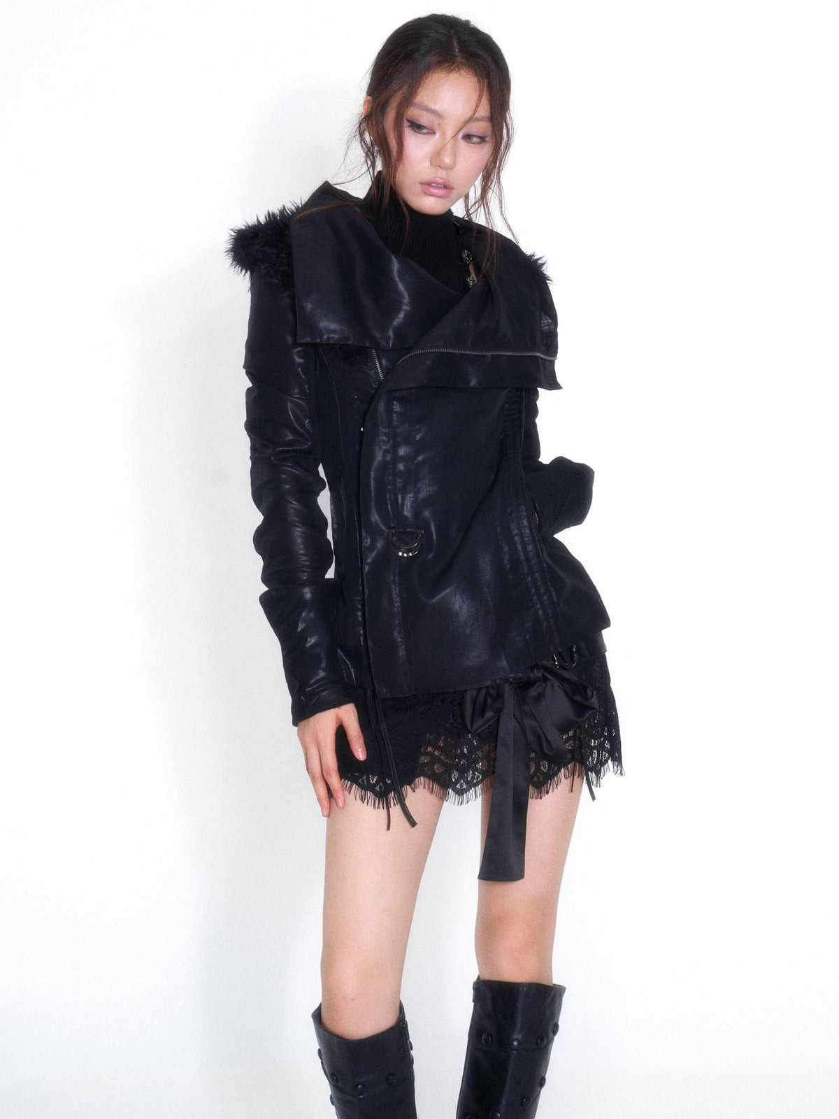 OPEN AESTHETIC Low Waist Lace Metal Buckle Bow A Line Pu Women&