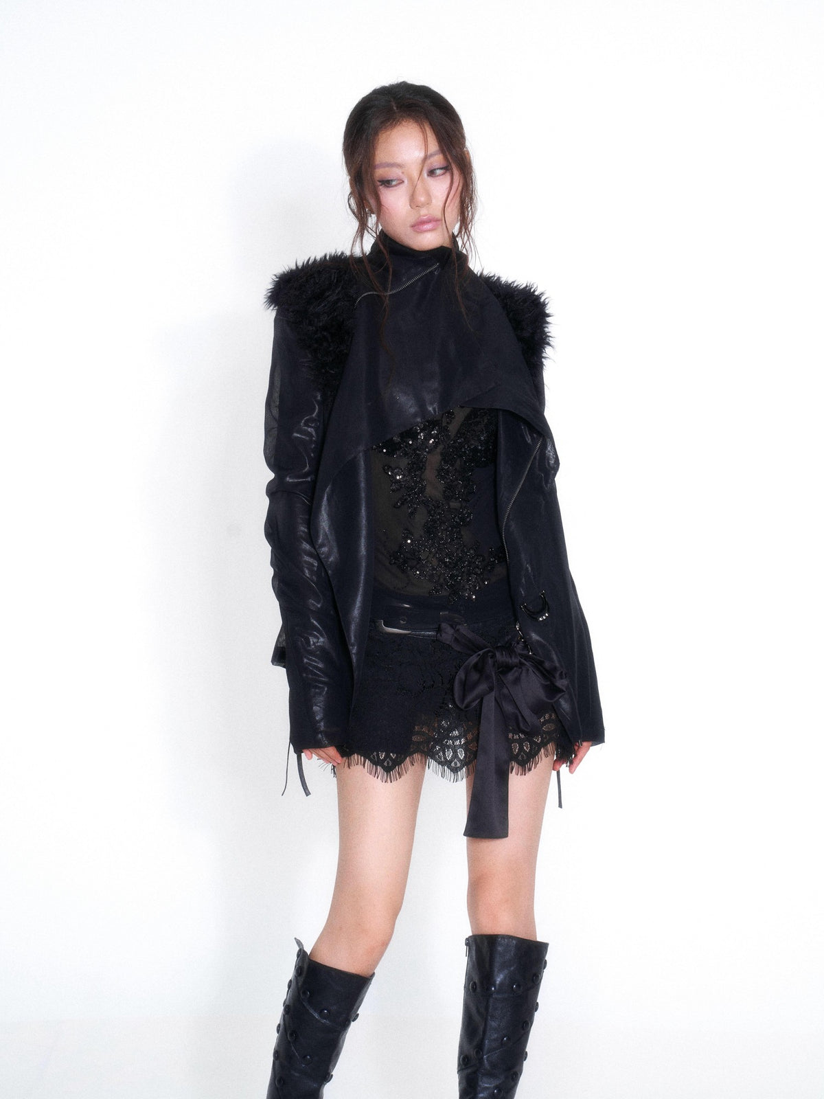 OPEN AESTHETIC Low Waist Lace Metal Buckle Bow A Line Pu Women&