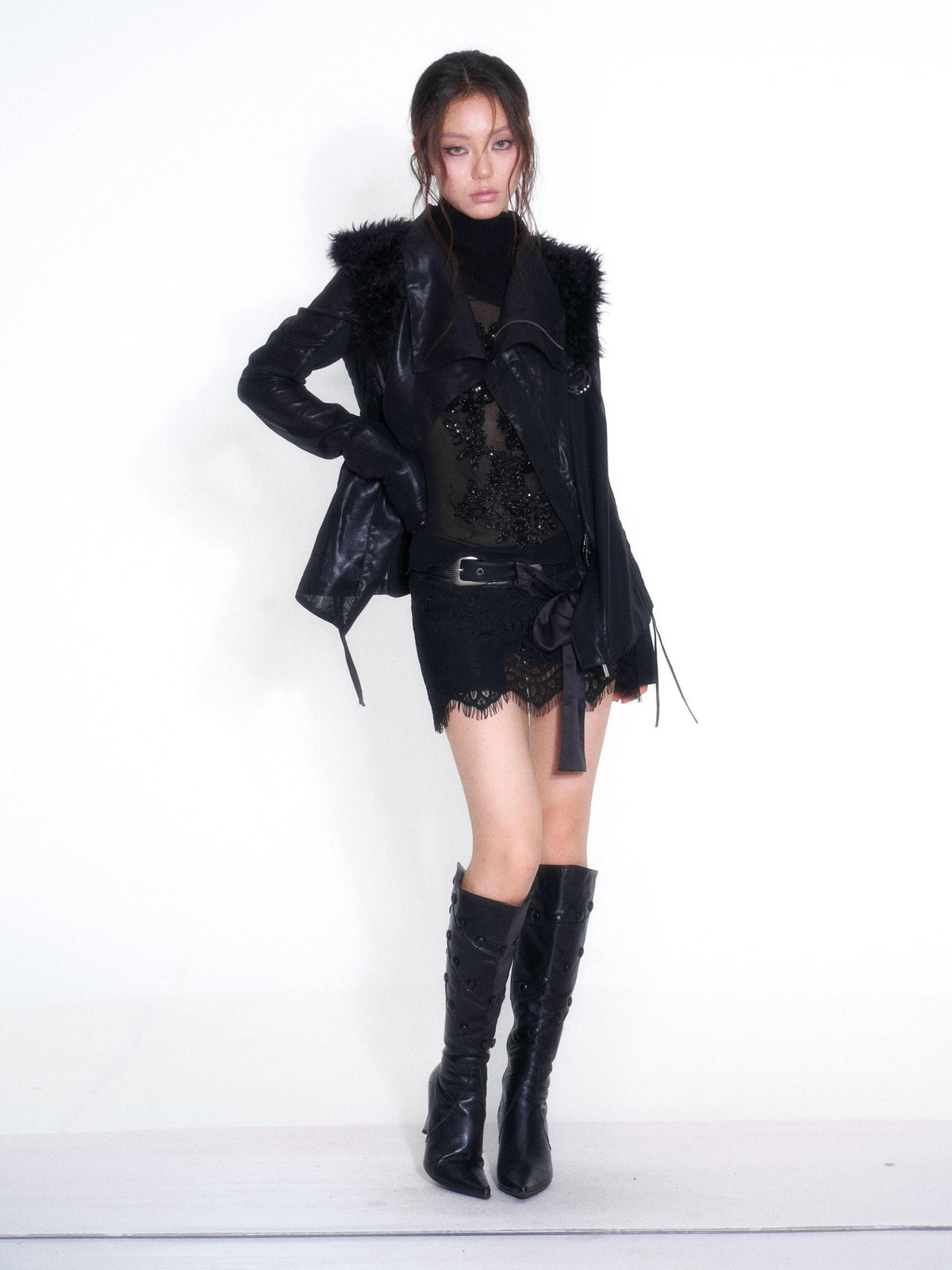 OPEN AESTHETIC Low Waist Lace Metal Buckle Bow A Line Pu Women&