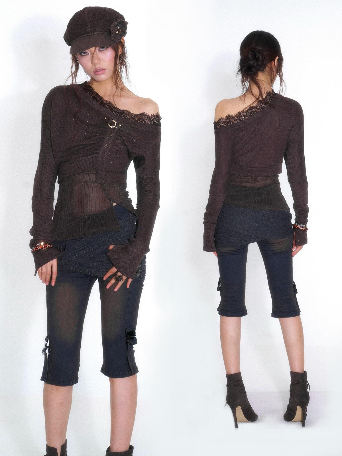 OPEN AESTHETIC One Shoulder Rhinestone Lace Patchwork Slim Fit Women&
