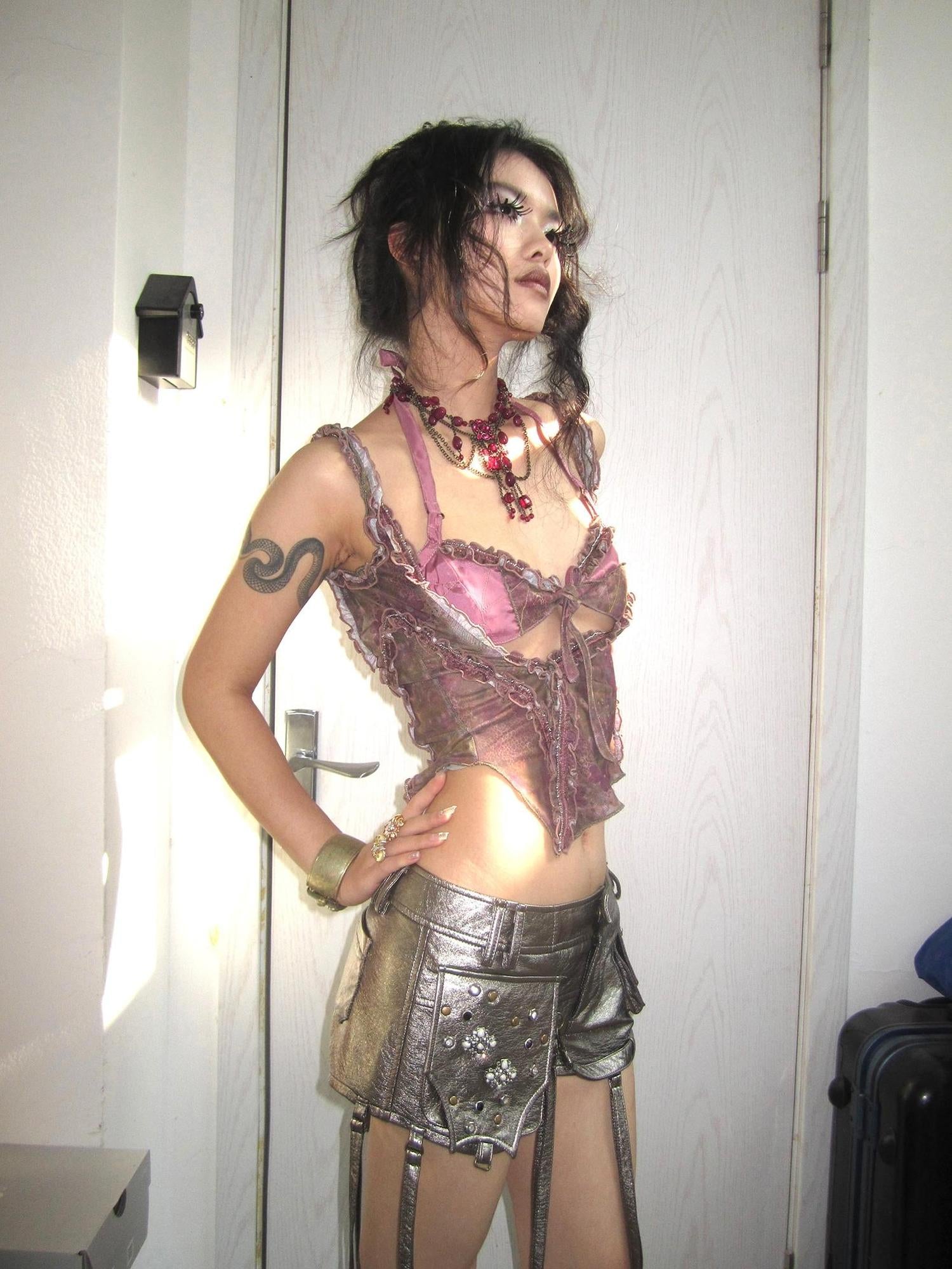 Update OPEN AESTHETIC Open Aesthetic Psychedelic Print Mesh Lace Trim Halter Bralette Set