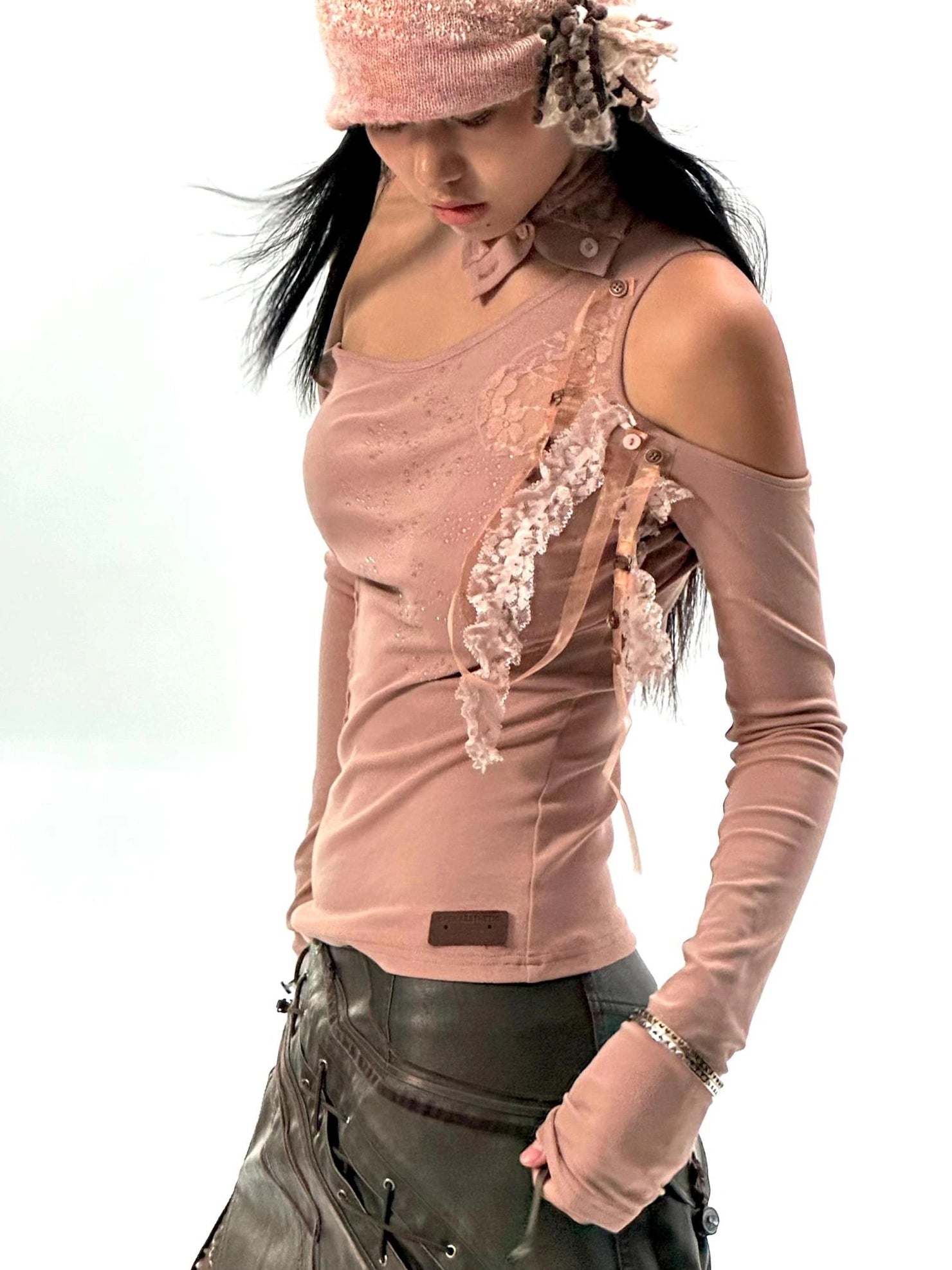 OPEN AESTHETIC Original Design One Shoulder Asymmetric Women Solid Mauve S M L T-Shirt