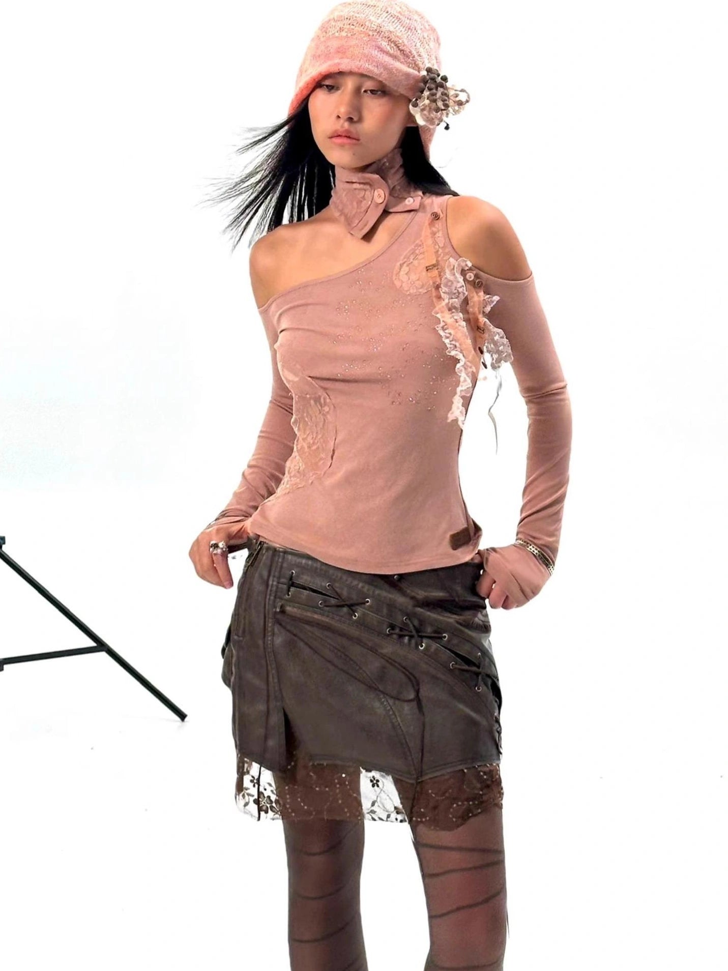 OPEN AESTHETIC Original Design One Shoulder Asymmetric Women Solid Mauve S M L T-Shirt