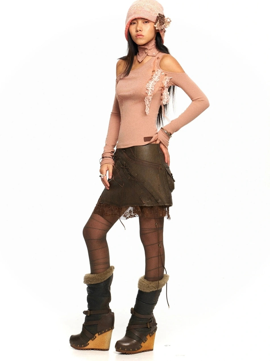 OPEN AESTHETIC Original Design One Shoulder Asymmetric Women Solid Mauve S M L T-Shirt