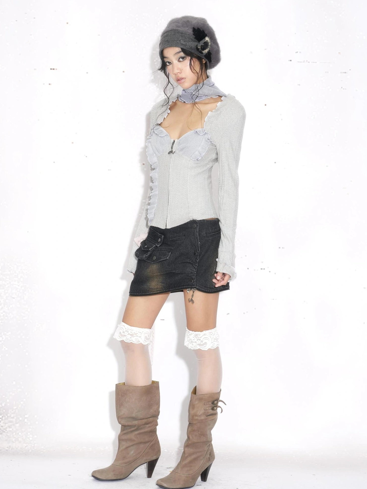 OPEN AESTHETIC Original Design Zip Up Ruffle Slim Fit Women Blue Gray Cotton Knit Sweatshirt