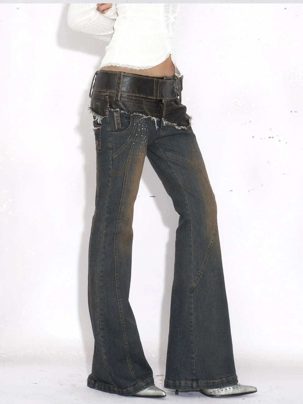 OPEN AESTHETIC Patchwork Low Rise Micro Flare Stretch Women Casual Washed Blue Denim Jeans